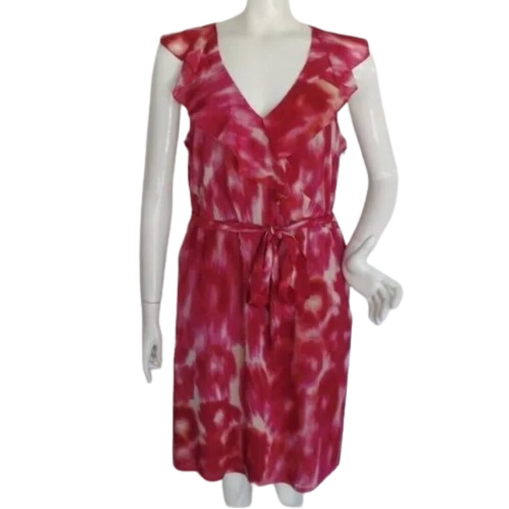 ANN TAYLOR Silk Dress, 10, Pink/Red, Ruffle neck, Sleeveless, Sash belt